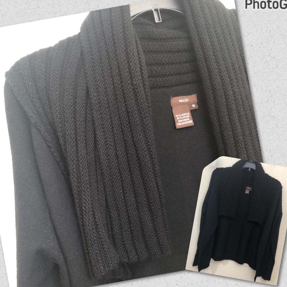 ESCIO Black Open Front Cardigan Sweater Knit Long Sleeve Drapey